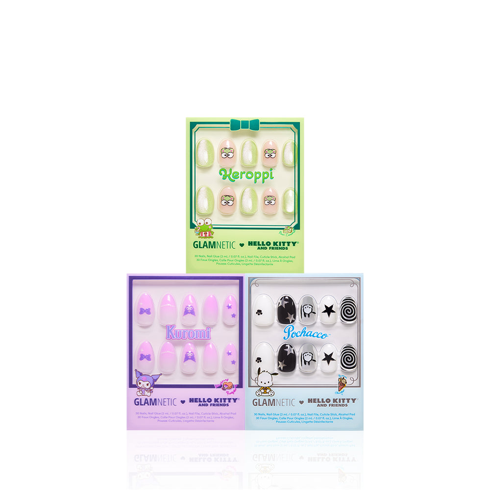 Three sets of Hello KittyÂŽ Crew short oval press-on nails featuring Keroppi, Kuromi, and Pochacco designs, each in its own individual packaging. - Product image