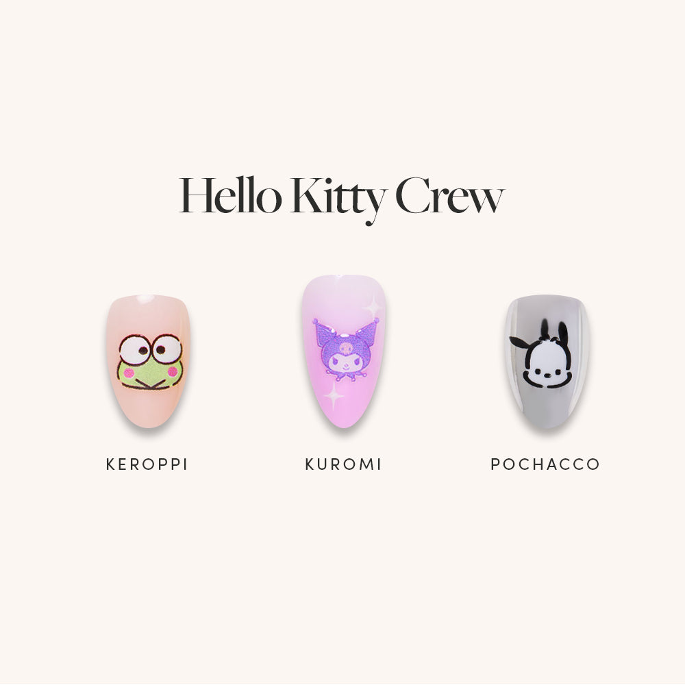 Glamnetic Hello KittyÂŽ Crew almond-shaped vegan press-on nails featuring Keroppi, a purple glittery Kuromi, and Pochacco, with their names labeled below each design. - Product image