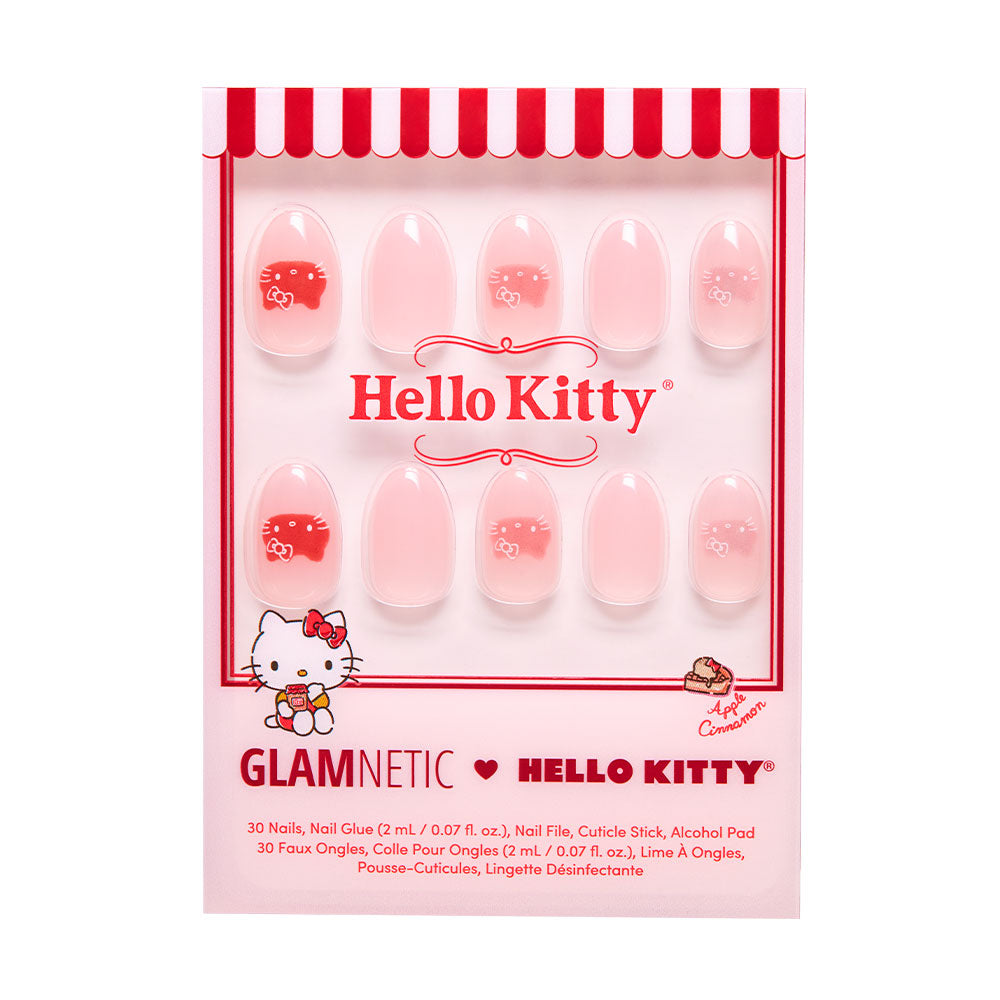 The glamnetic Hello Kitty® Nail Set features vegan, cruelty-free pink oval press-on nails in red and white striped packaging with the Hello Kitty logo and character images.