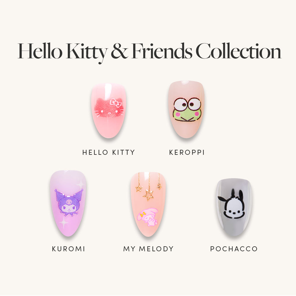 A Glamnetic Hello Kitty® & Friends Collection (2024) set of five short almond press-on nails featuring character designs of Hello Kitty, Keroppi, Kuromi, My Melody, and Pochacco, each labeled with the character’s name. - Product image