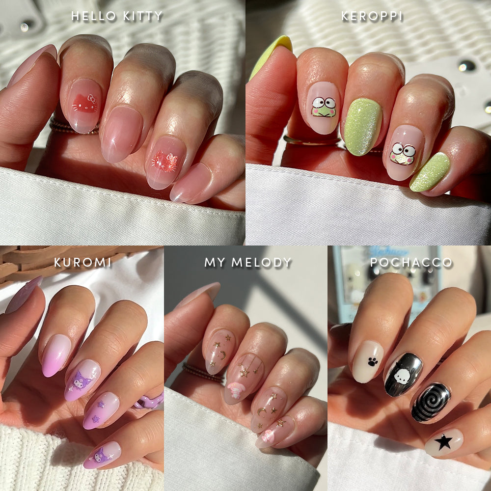 A collage of five short almond Hello Kitty® & Friends Collection (2024) nail sets featuring character designs including Keroppi, Kuromi, My Melody, and Pochacco. - Product image