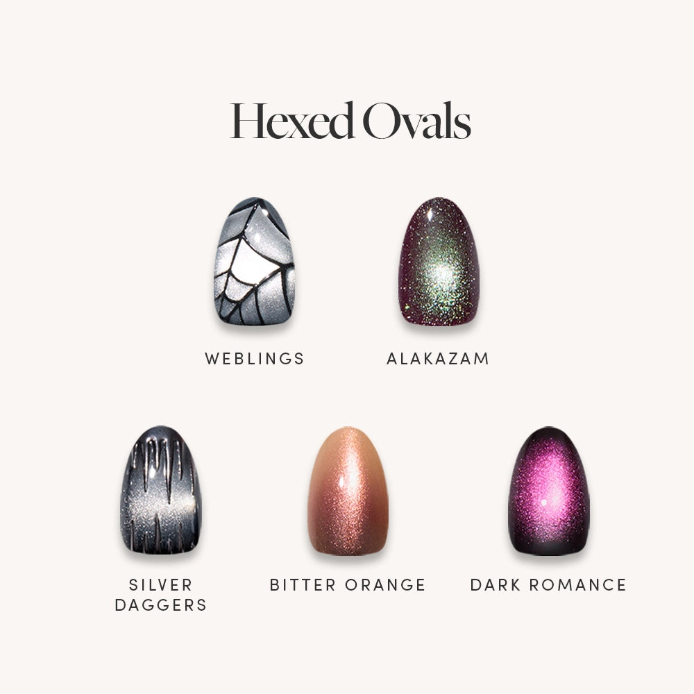 A graphic titled Hexed Ovals by glamnetic showcases a nail art bundle featuring five short, oval-shaped press-on nails: Weblings (spiderweb design), Alakazam (shimmering dark green/purple), Silver Daggers (metallic grey with carvings), Bitter Orange (metallic copper), and Dark Romance (magenta). This chic and modern set is perfect for elevating any look. - Product image