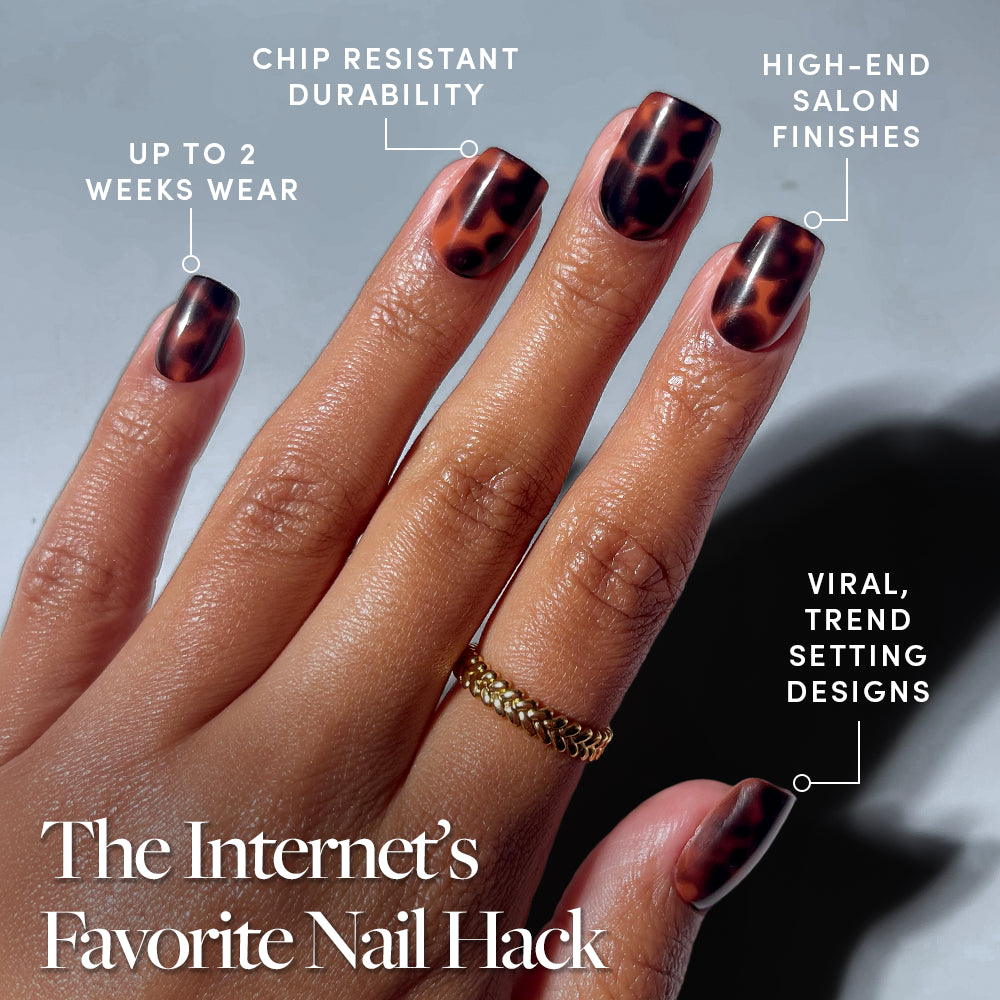 A hand with neatly manicured, short squoval “High Stakes” tortoiseshell press-on nails by glamnetic is shown. Text highlights chip-resistant durability, up to 2 weeks' wear, high-end finishes, and trendy designs. Caption: The Internet’s Favorite Nail Hack. - Product image