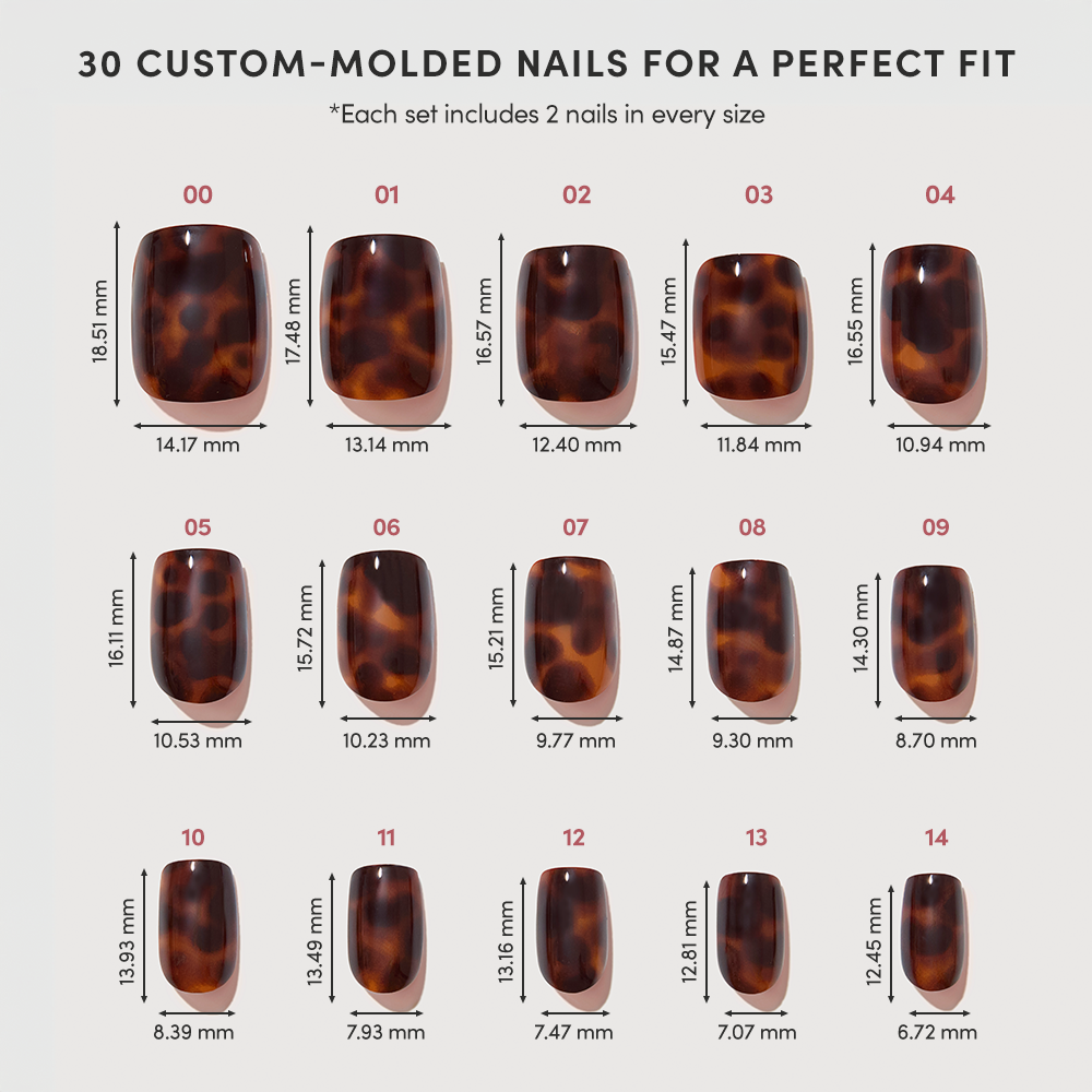 Chart displaying 15 sizes of High Stakes tortoiseshell press-on nails by glamnetic in a rich brown pattern, each with two short squoval nails per size. Nail widths and lengths are labeled for a salon-quality manicure at home. - Product image