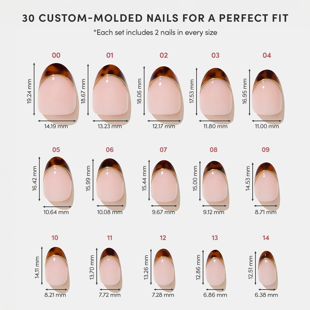A chart displays 15 sizes of glamnetic High Standards custom-molded press-on nails, labeled 00–14 (30 nails total), with millimeter measurements. The short oval nails have a pink base and tortoiseshell French tips. - Product image