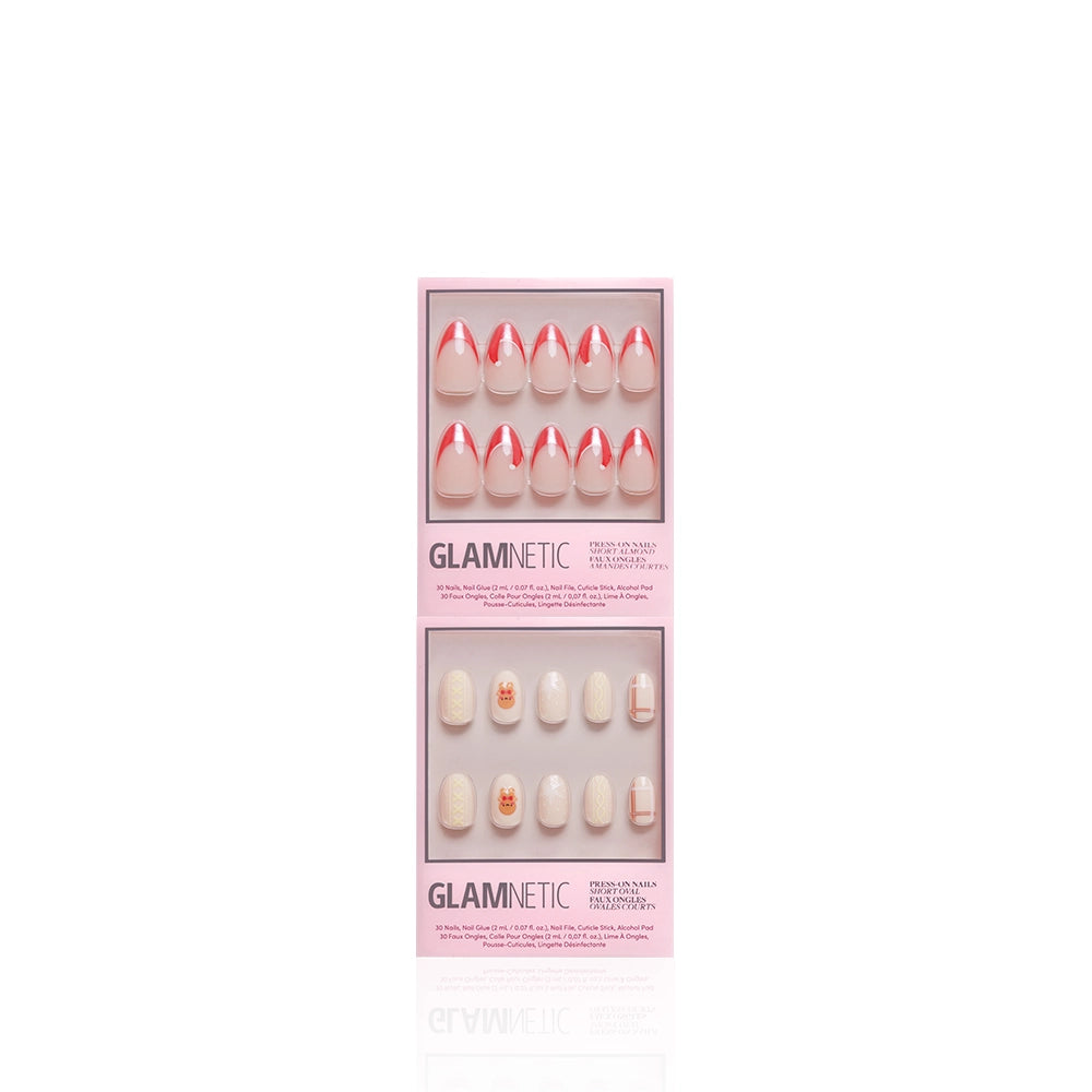The Glamnetic Holiday Duo features two boxes of press-on nails: one with pink and white French tips, and another called Gingerbread with beige nails and cute teddy bear designs—perfect for a festive manicure. - Product image