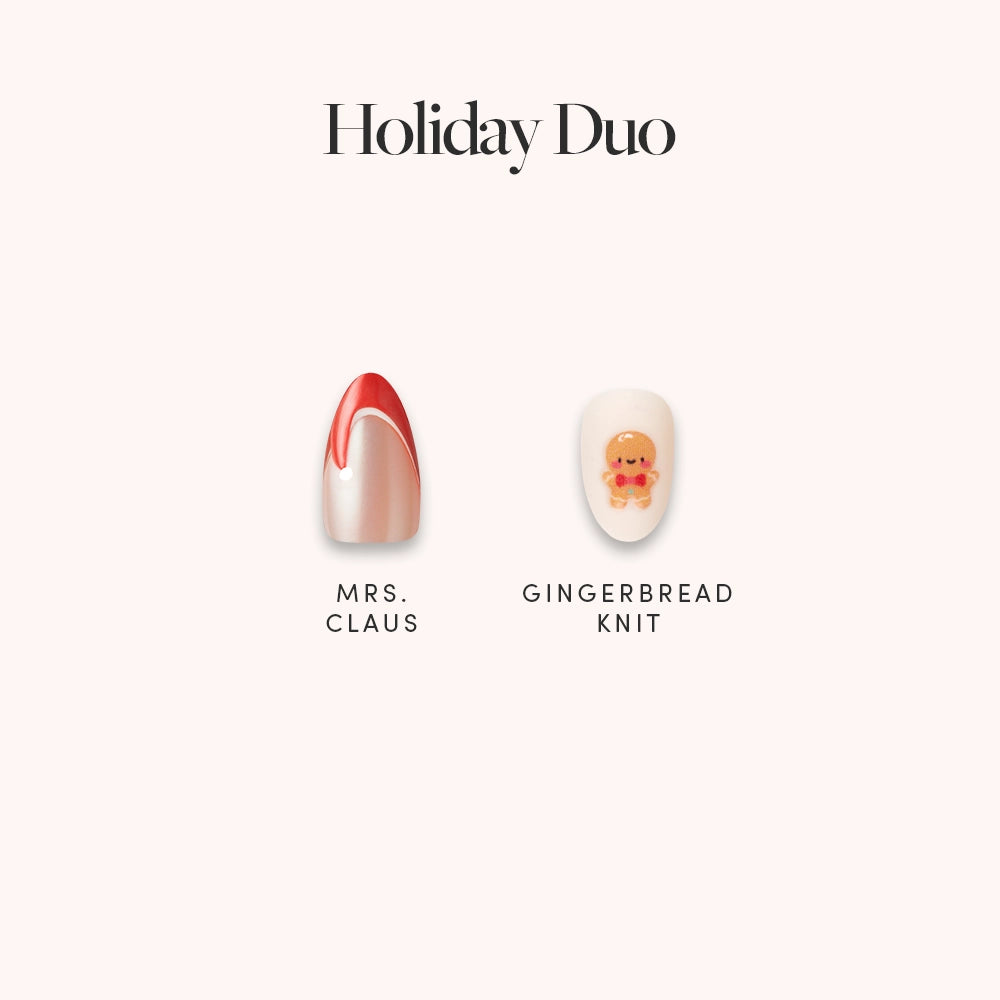 The Holiday Duo by glamnetic features two holiday-themed press-on nails: Mrs. Claus with red and white swirls, and Gingerbread Knit with cozy patterns—perfect for your Christmas nail collection. "Holiday Duo" text appears above the nails on a light background.