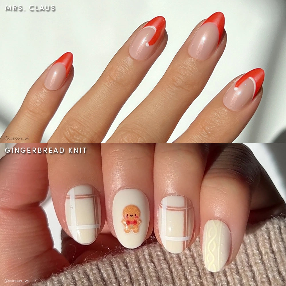 The Holiday Duo by glamnetic includes two festive sets: Mrs. Claus with red French tips and a dot on nude, and Gingerbread with cream plaid, a gingerbread man accent, and a knit pattern—perfect for holiday-ready nails.