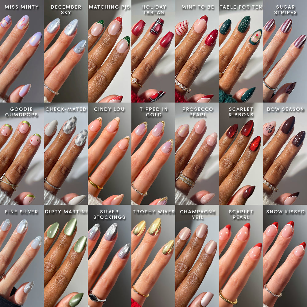 A grid of 25 manicured hands, each showcasing a unique nail art design from the “Holiday In The City” collection by glamnetic and labeled with its name, displays an array of vibrant colors and festive patterns—including stripes, glitter, metallic accents, and holiday motifs—all achieved with salon-quality press-on nails for a flawless finish.