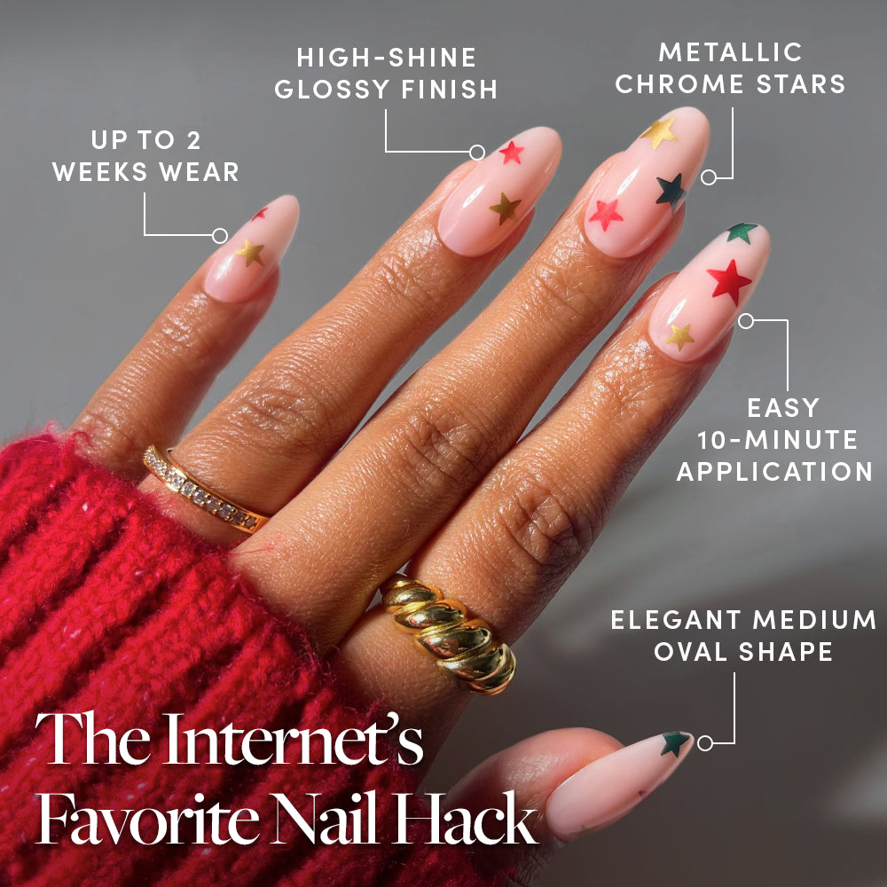 Holiday Wish - Glamnetic Holiday Wish medium oval press-on nails with a glossy finish, metallic star accents, 10-minute application, two-week wear, and the label: The Internets Favorite Nail Hack.