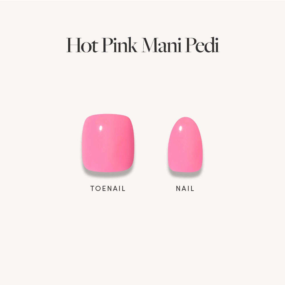 Two artificial nails from glamnetic's Hot Pink Mani & Pedi set are displayed on a white background: a larger square toenail and a smaller oval nail. Text above reads: Hot Pink Mani & Pedi—your go-to mani pedi bundle.