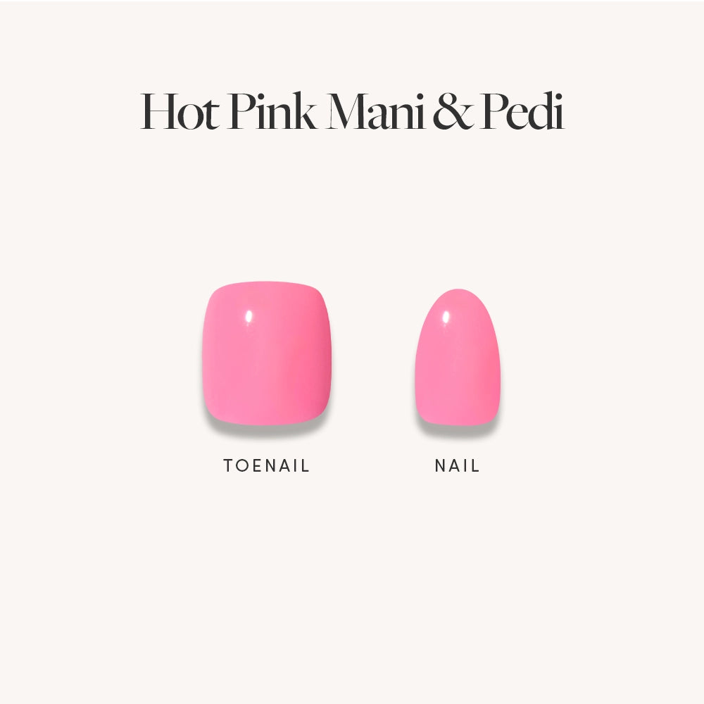 Two artificial nails from glamnetic's Hot Pink Mani & Pedi set are displayed on a white background: a larger square toenail and a smaller oval nail. Text above reads: Hot Pink Mani & Pedi—your go-to mani pedi bundle.