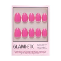 A box of glamnetic Hot Pink press-on nails featuring 10 glossy, short oval nails in two rows. The packaging highlights their long-lasting wear and lists the included contents plus application tools.