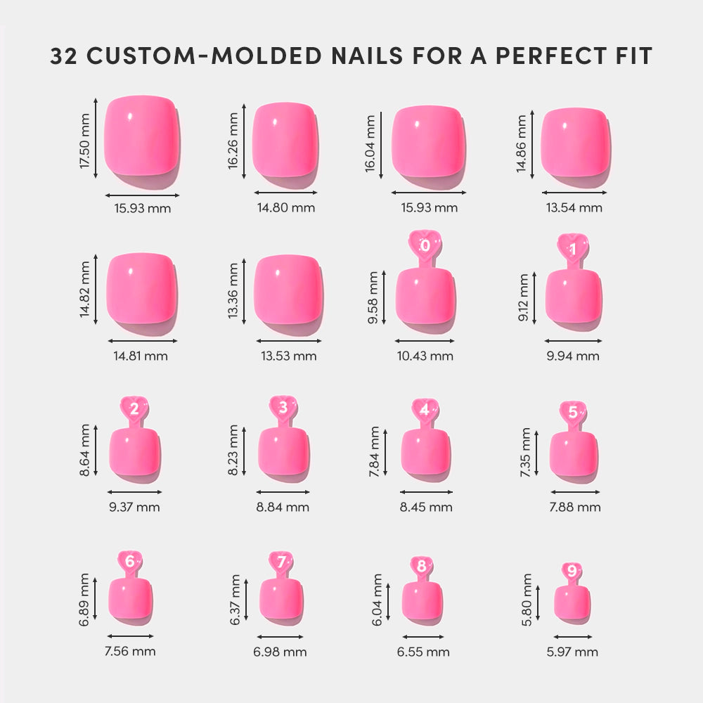 Chart displaying 16 sizes of glamnetic Hot Pink Toenail press-ons, each with width and height in mm, arranged biggest to smallest for a salon-quality pedicure. Top text: 32 custom-molded nails for a perfect fit. - Product image
