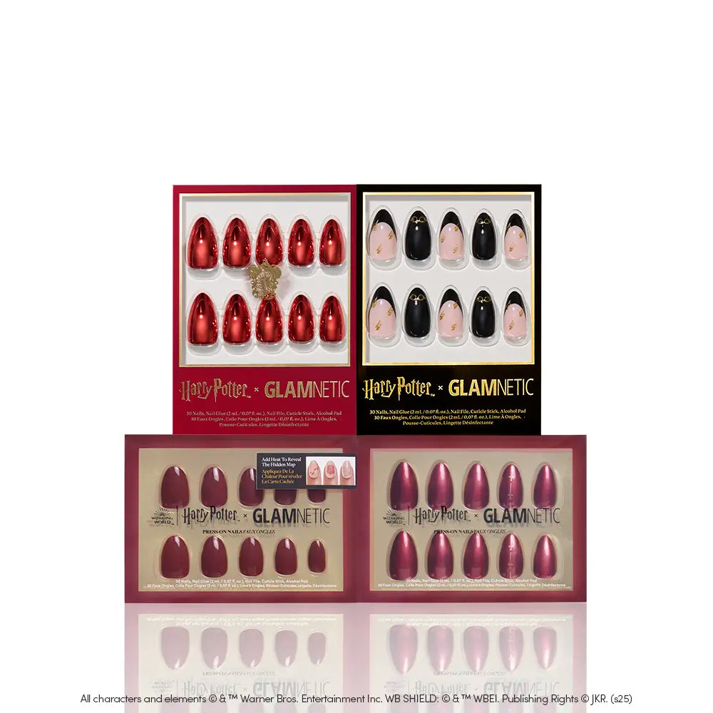 Four glamnetic House Gryffindor™ press-on nail sets in red and nude shades, featuring a bold chrome red design inspired by Gryffindor, displayed in rectangular boxes with gold and white lettering on a white background. - Product image