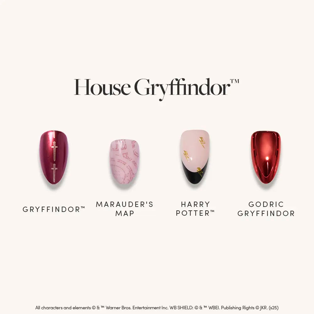 Four glamnetic House Gryffindor™ nail designs—chrome red, Marauder’s Map, Harry Potter press-ons, and Godric Gryffindor—are shown on a white background under the “House Gryffindor™” heading.