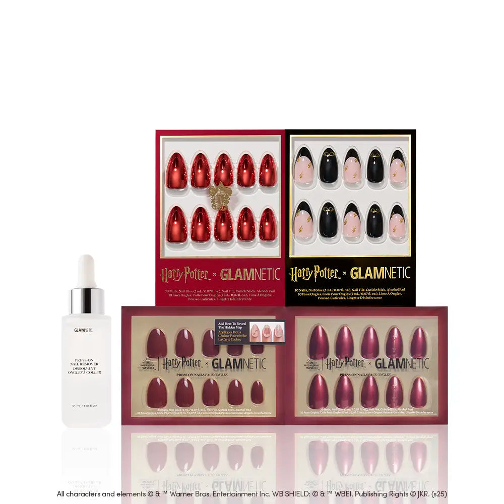 Glamnetic’s House Gryffindor™ press-on nails feature vibrant red and gold Gryffindor-inspired designs, shown in five boxes with nail glue on the left. - Product image