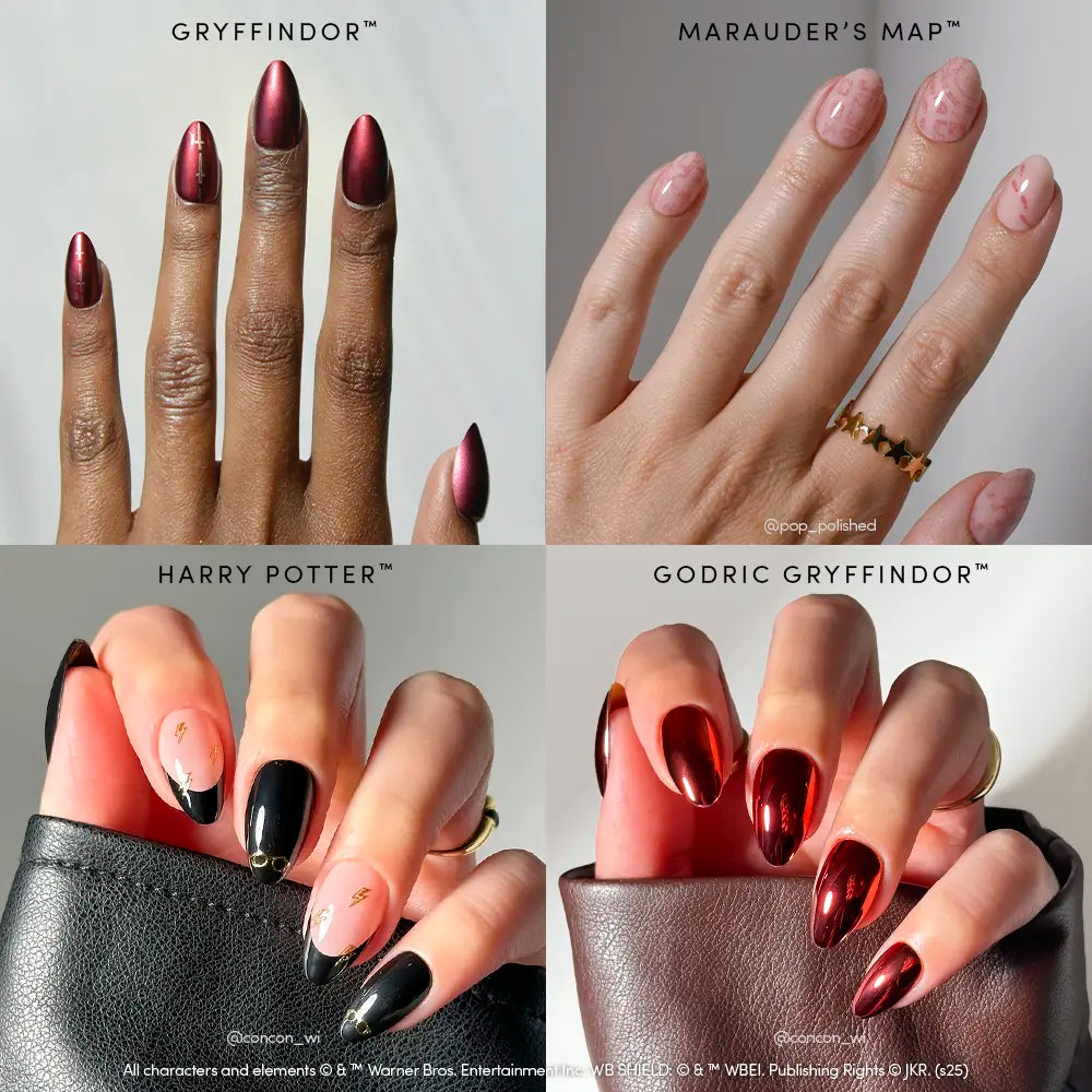 A collage of four hands with Harry Potter-inspired nail designs featuring glamnetic’s House Gryffindor™ press-ons in red shimmer, Marauder's Map nude with footprints, gold lightning motifs, and a chrome red Godric Gryffindor look.