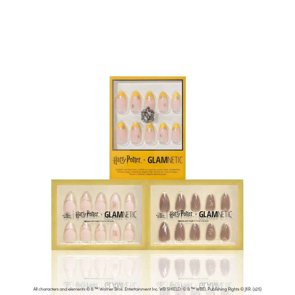 Three boxes of glamnetic House Hufflepuff™ press-on nails in various nude and gold designs are shown on a white background, with visible Harry Potter branding on the packaging. - Product image
