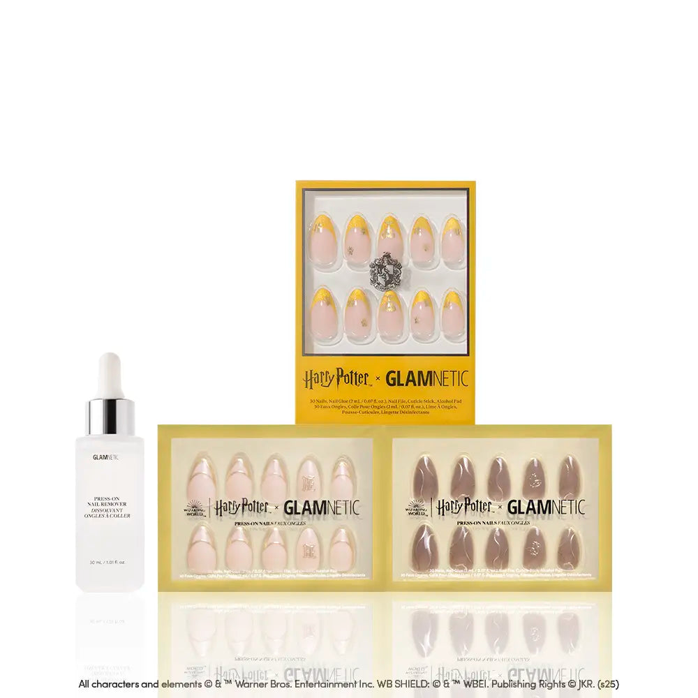 The glamnetic House Hufflepuff™ set features golden almond press-on nails and a nail serum in gold and clear packaging, all displayed against a white background. - Product image
