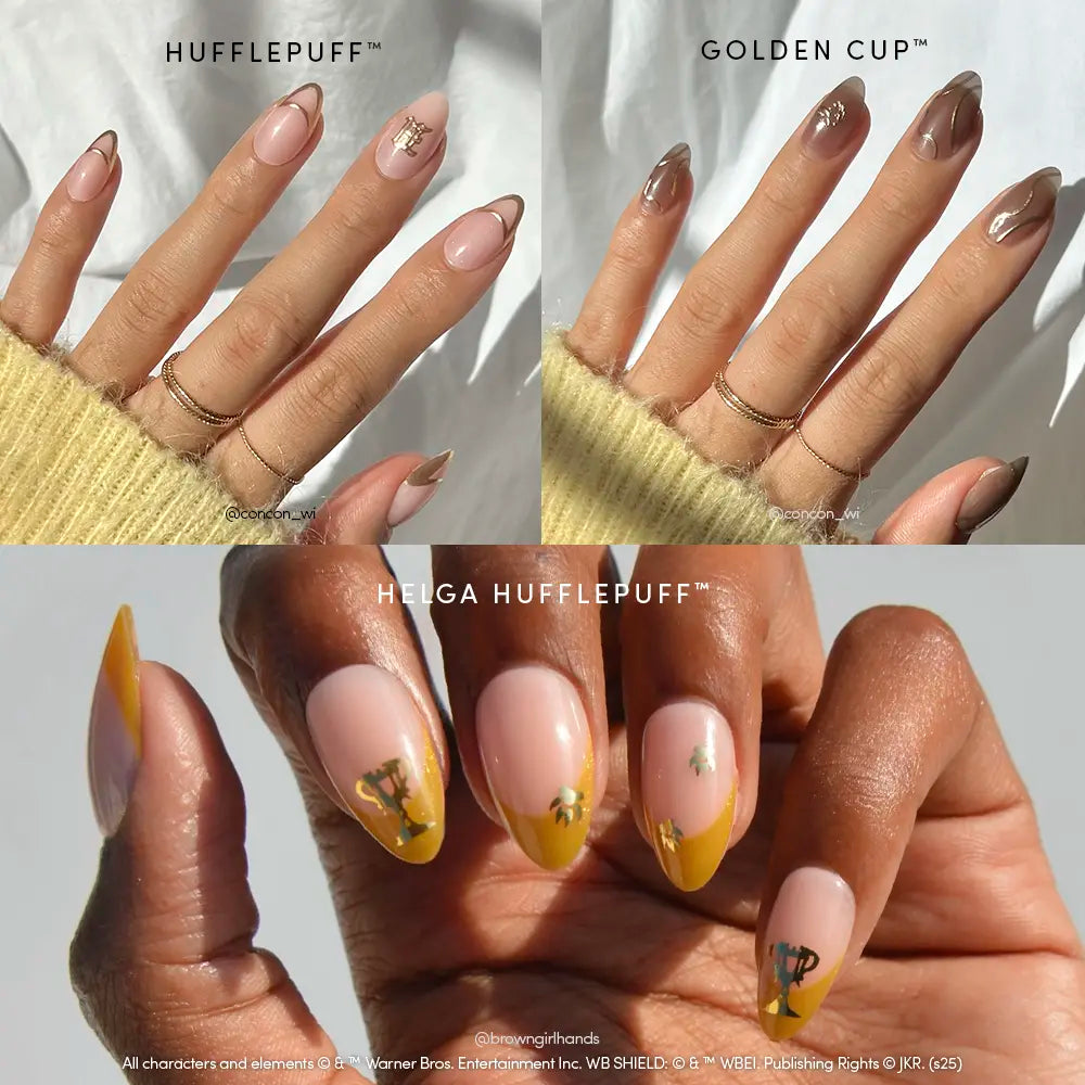 Three images showcase manicured hands with almond nails featuring glamnetic’s House Hufflepuff™ designs—nude bases, golden accents, brown tips, and yellow details inspired by Harry Potter’s Hufflepuff cup.