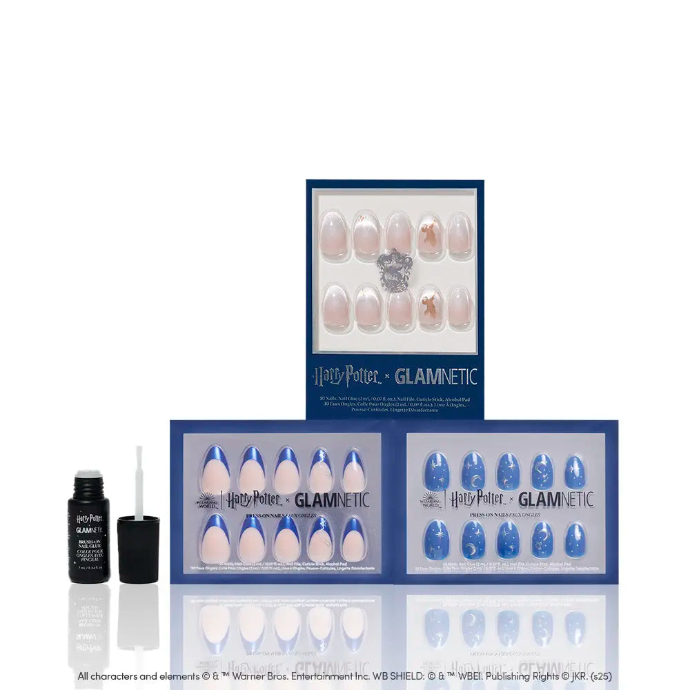 Glamnetic House Ravenclaw™ press-on nail set in themed packaging, featuring pink and blue velvet fade nails, Luna Lovegood designs, a bottle of nail glue, and an applicator displayed on the left. - Product image