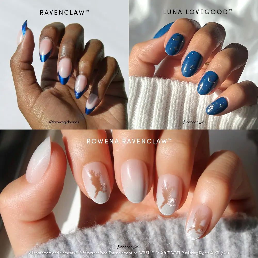 A collage showcases three manicured hands with glamnetic’s House Ravenclaw™ nails, featuring Luna Lovegood-inspired blue and silver stars, classic Ravenclaw French tips with blue accents, and soft grey velvet fades for a magical Harry Potter-themed style.