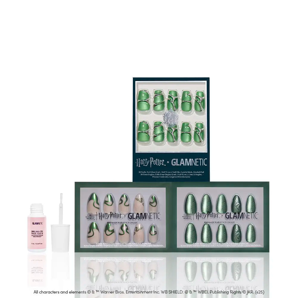 Bring magic to your manicure with glamnetic's House Slytherin™ set—green press-on nails inspired by Slytherin, featuring serpent and marble designs. Includes nail glue and applicator for easy application. - Product image
