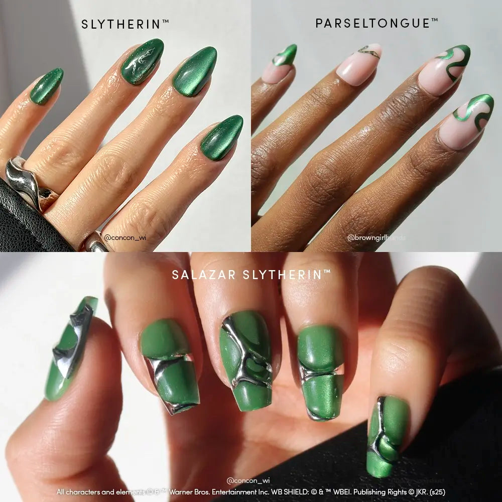 Three hand images feature glamnetic House Slytherin™ nails: metallic green, nude with green and silver swirls, and long emerald velvet with silver-black marbled serpent designs—all finished in a glossy shine.