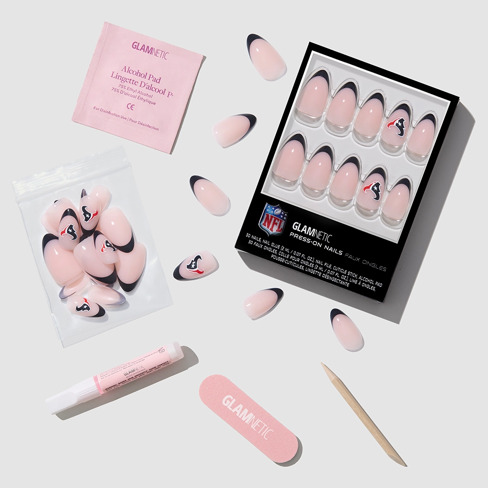The glamnetic Houston Texans Press-On Nail Set, featuring nail glue, a pink file, cuticle stick, alcohol pad, and extra nails, is neatly arranged on a white background. - Product image