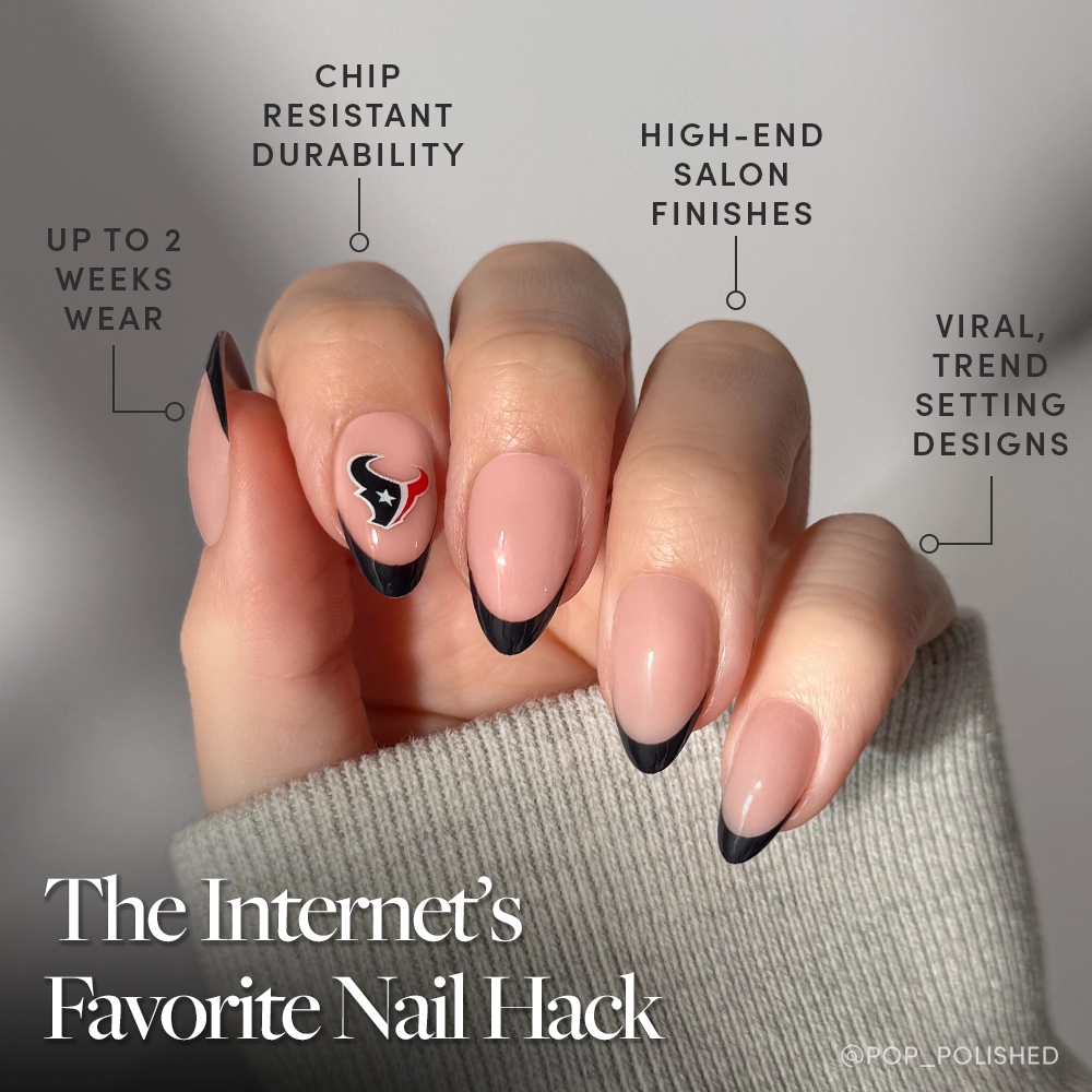 A hand with long almond-shaped nails sports glamnetic’s Houston Texans Press-On Nail Set in a chic French tip, with text: "up to 2 weeks wear," "chip resistant durability," and "high-end salon finishes." Perfect for almond mani lovers!. - Product image