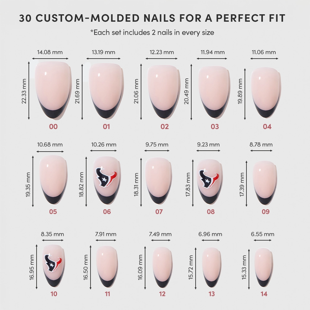 A chart for the glamnetic Houston Texans Press-On Nail Set displays 15 custom-molded sizes (0–14), showing each nail’s width and length in millimeters, with some featuring the team logo and dark tips for design variety. - Product image