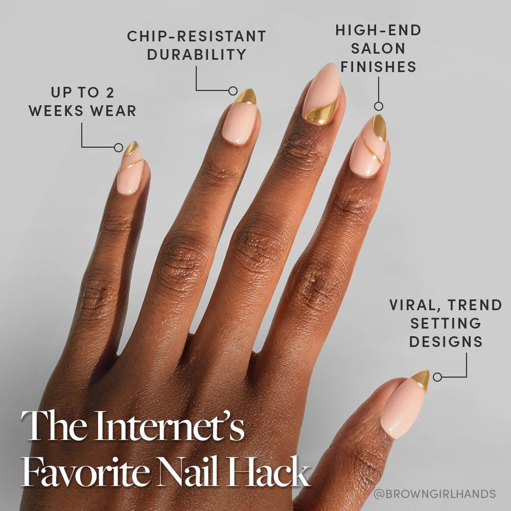 A dark-skinned hand displays the nails with overlaid text highlighting key features: "Up to 2 Weeks Wear," "Chip-Resistant Durability," "High-End Salon Finishes," and "Viral, Trend Setting Designs." The caption reads, “The Internet’s Favorite Nail Hack.”
- Product image