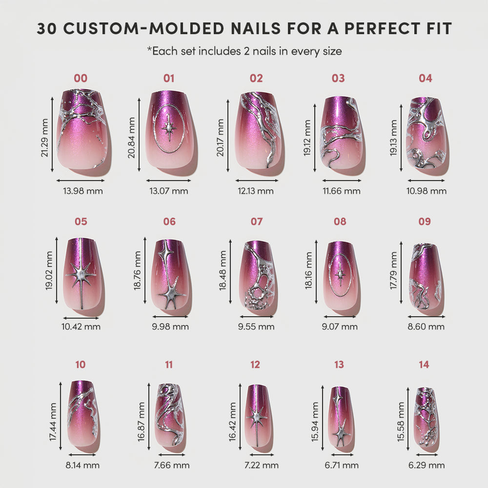Chart displays the Immortal Kiss set by glamnetic, featuring 15 pink and silver custom-molded coffin press-on nails labeled 01 to 15, each with width and length measurements in millimeters. The set includes a total of 30 nails—2 of each size—making it a versatile choice for achieving glossy ombre nails at home. - Product image
