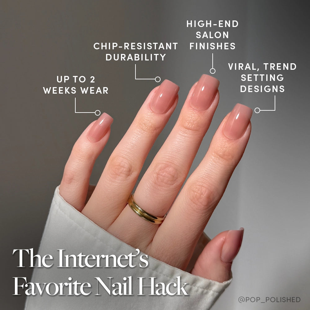 A hand with glamnetics In The Nude square-shaped, nude-pink ombré press-on nails is shown, featuring chip-resistant durability, up to 2 weeks wear, salon-quality finish, and trendy designs. Text reads: The Internet’s Favorite Vegan & Cruelty-Free Nail Hack. - Product image