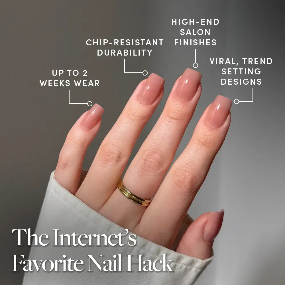 A hand with long, glossy, nude-colored glamnetic In The Nude press-on nails is displayed, showcasing chip-resistant durability, up to 2 weeks of wear, high-end salon finishes, and viral trend-setting designs. Text reads: The Internet’s Favorite Nail Hack. - Product image