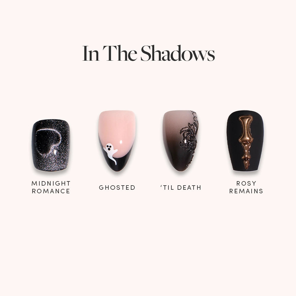 Four artificial nails in glamnetic’s “In The Shadows” set feature coffin shapes: black skull (Midnight Romance), pink ghost (Ghosted), brown-black lace (’Til Death), and black with 3D gold (Rosy Remains) for bold gothic press-ons.