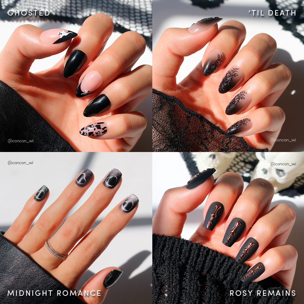 A collage of four hands with glamnetic’s In The Shadows nail set: spooky black, nude, and ghost art; gothic lace designs; smoky swirl accents; and black nails with bold red rose details.