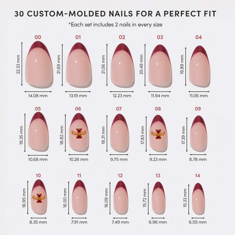 The glamnetic Iowa State Cyclones Press-On Nail Set features 15 pink nails with red tips, two of each size (00–14), shown in five rows with width and length labeled for each salon-quality nail. Cyclone Nation is highlighted at the top. - Product image