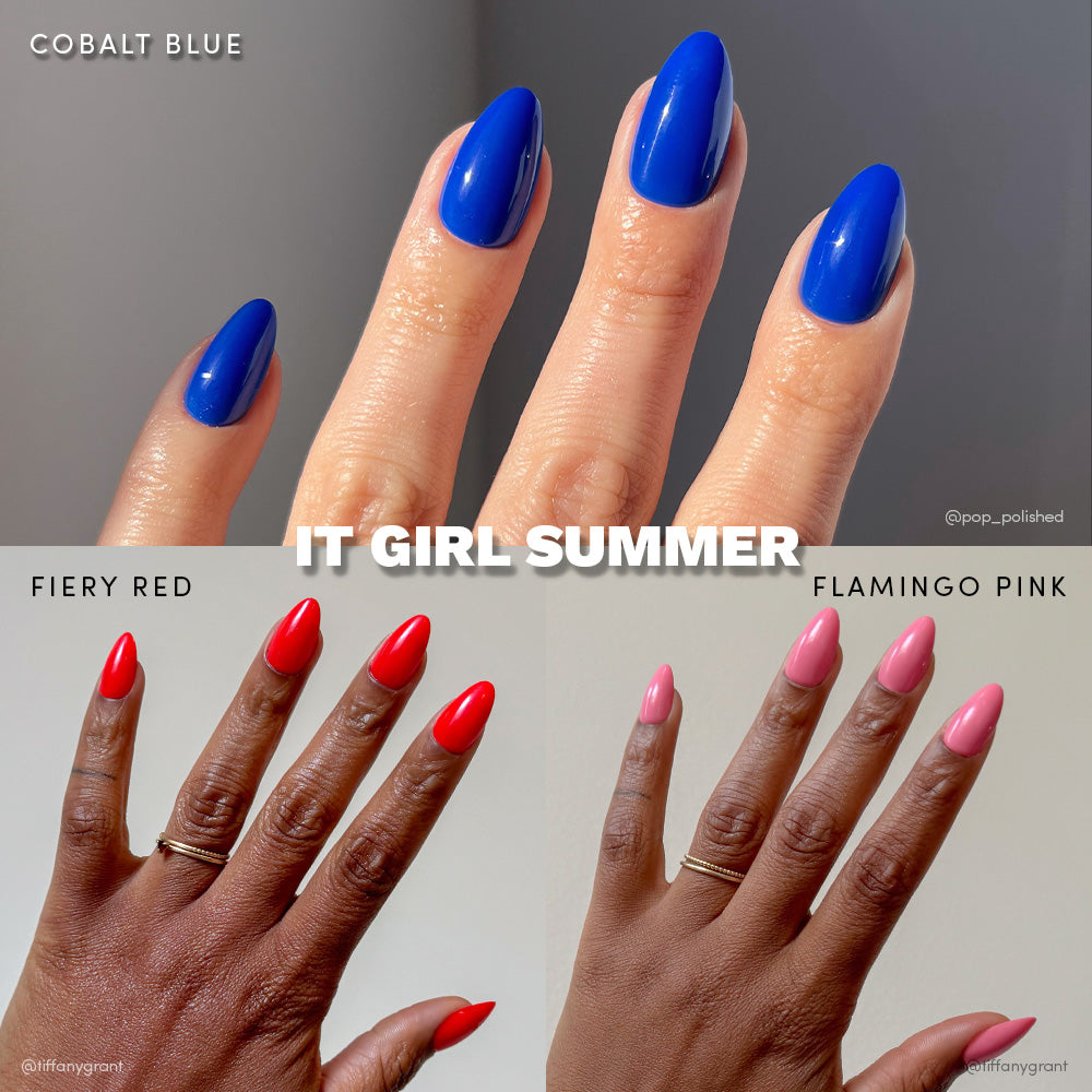 A collage features three manicured hands with glamnetic It Girl Summer nails in Cobalt Blue (top), Fiery Red (bottom left), and Flamingo Pink (bottom right). Text reads “IT GIRL SUMMER” with each bold shade labeled. - Product image