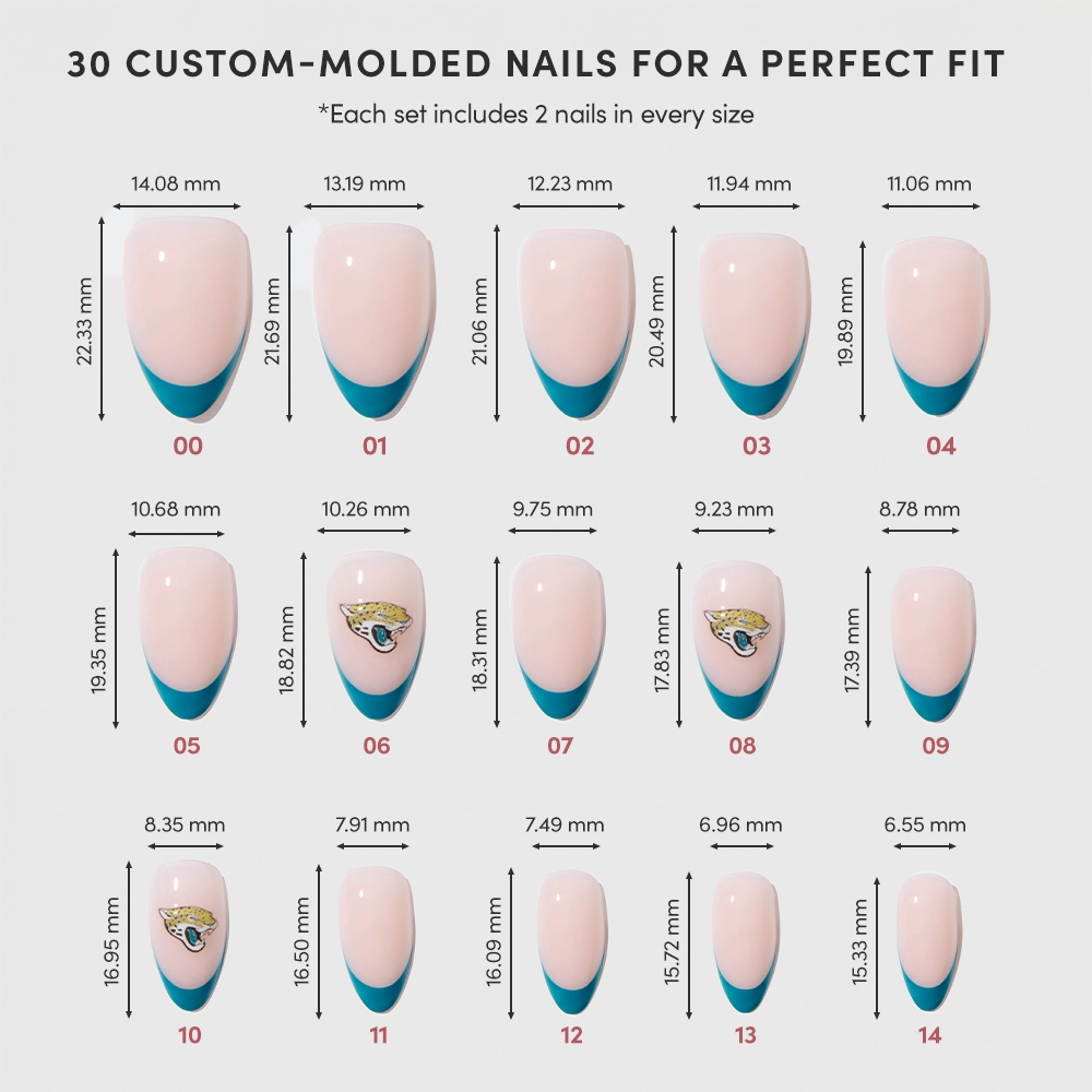 The glamnetic Jacksonville Jaguars Press-On Nail Set features a chart of 15 custom-molded nails in sizes 00–14, each with millimeter measurements. Fan fingers showcase blue or decorated French tips, ideal for almond manis or team-inspired nail looks. - Product image