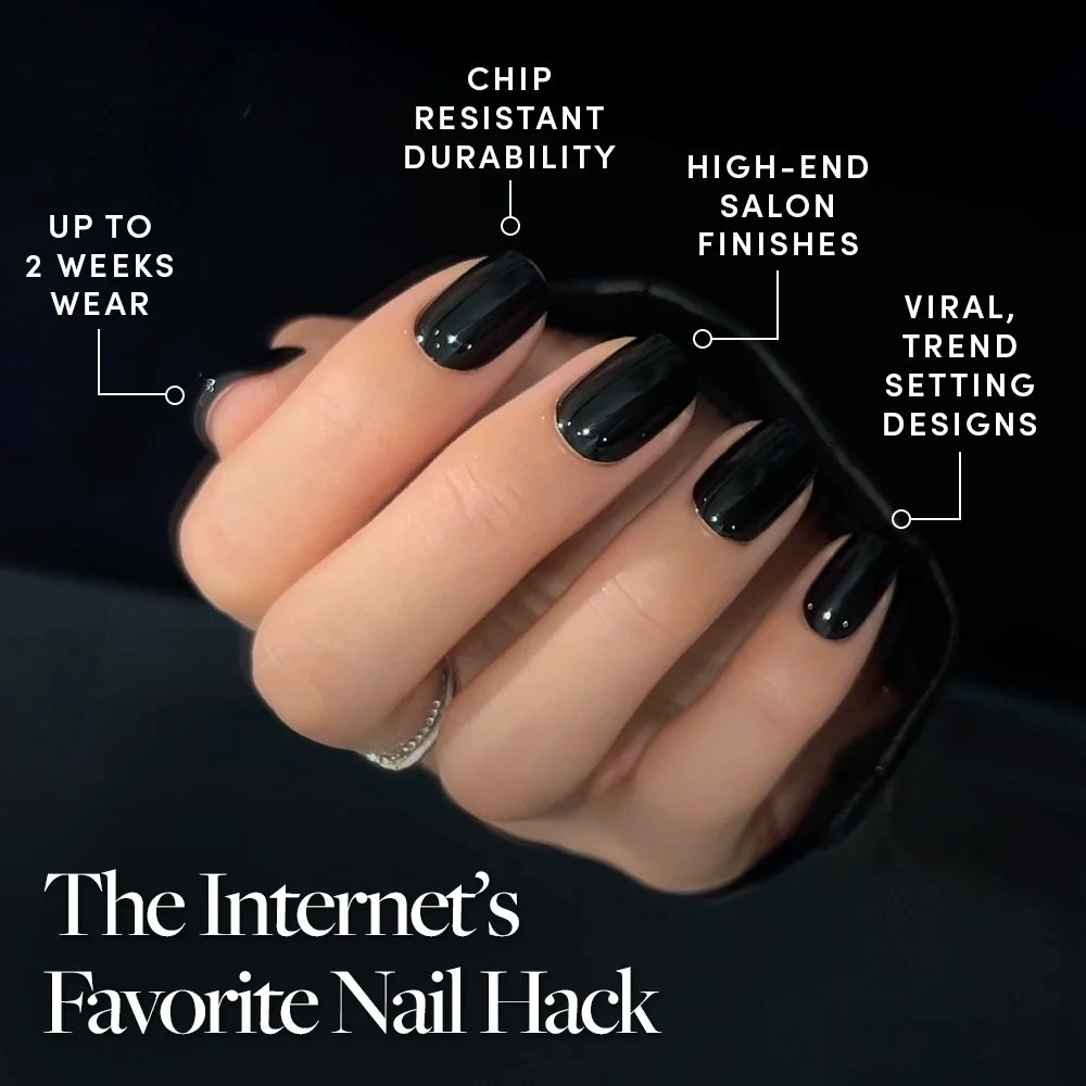 Jet Black - A hand with Jet Black glossy press-on nails by glamnetic is shown, featuring chip resistance, salon quality, viral trends, and up to 2 weeks’ wear. Text: The Internet’s Favorite Nail Hack.