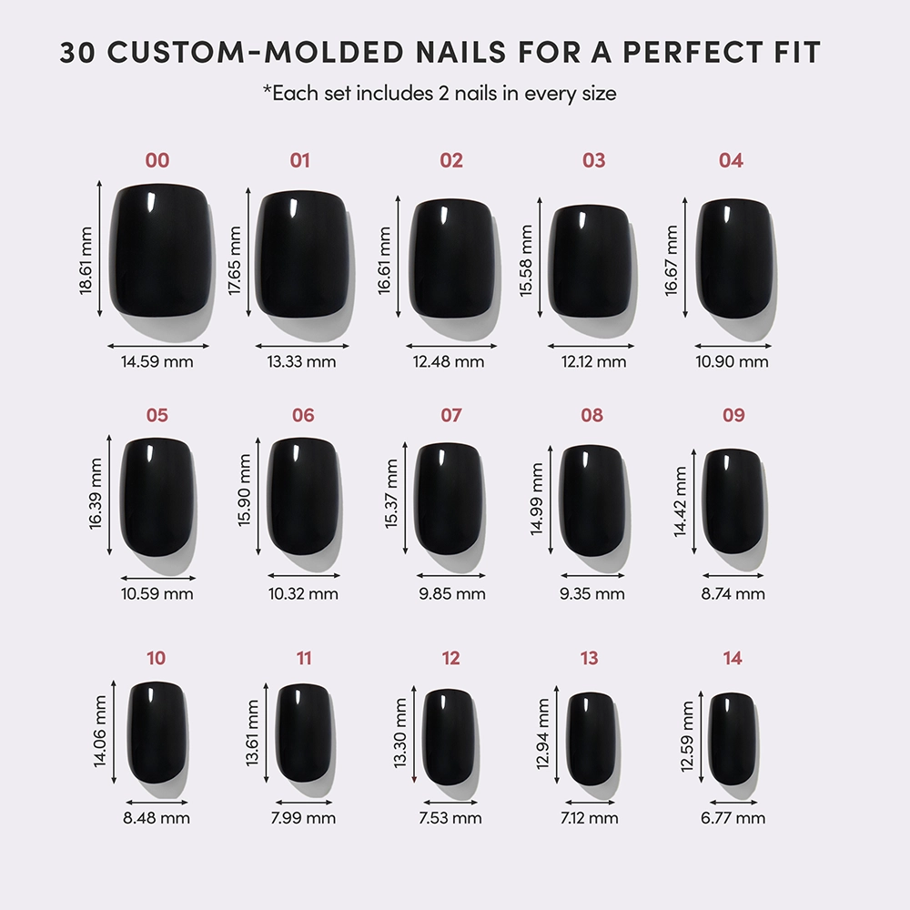 Image displays glamnetic Jet Black Nail Set, 14 custom-molded squoval sizes (00–14) with glossy finish. Length and width in mm shown for each nail. Text above: 30 reusable vegan Jet Black nails for a perfect fit. - Product image