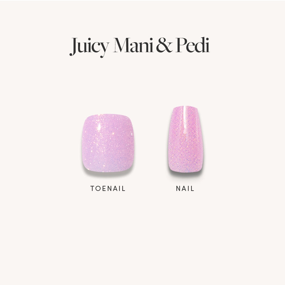 Shown on a white background, the glamnetic Juicy Mani & Pedi set features one sparkly light pink toenail and one nail—perfect for dazzling pink sparkle nails. - Product image