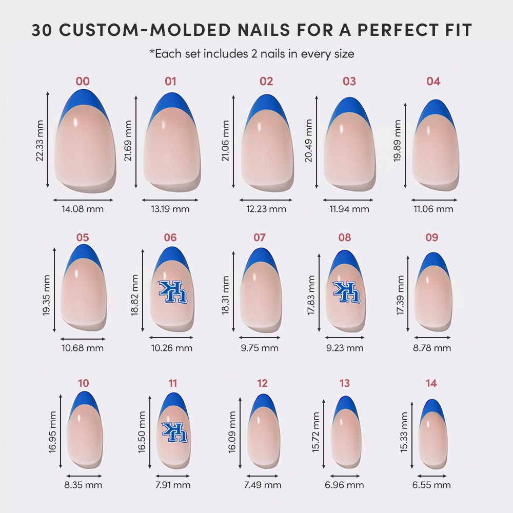 A chart displays 15 sizes of the glamnetic Kentucky Wildcats Press-On Nail Set, each labeled with length and width in millimeters. The salon-quality nails have a natural base, royal blue French tips, and some feature an “H” logo. - Product image