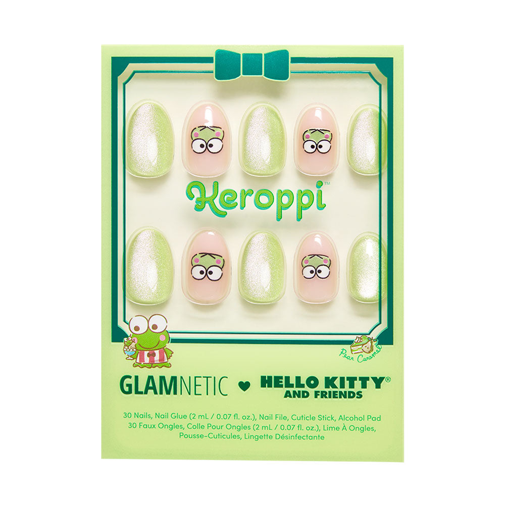 The Keroppi™ Nail Set by glamnetic features green and white reusable nails with Keroppis face on select nails, packaged in bright green packaging with charming graphics and branding.