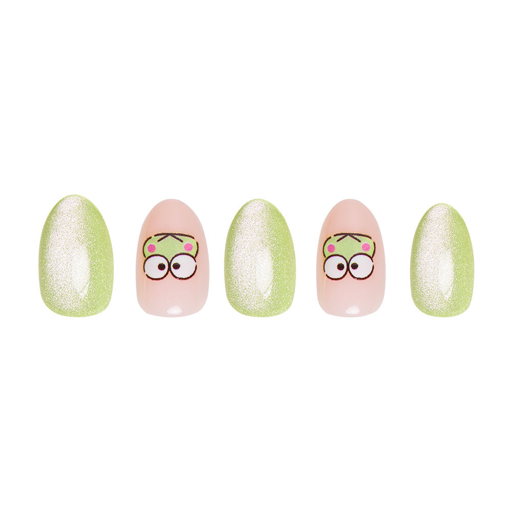 Five glamnetic Keroppi™ artificial nails in a row: two are pale pink with cartoon frog faces, three are shimmery light green. Playful Sanrio-inspired charm against a white background. - Product image