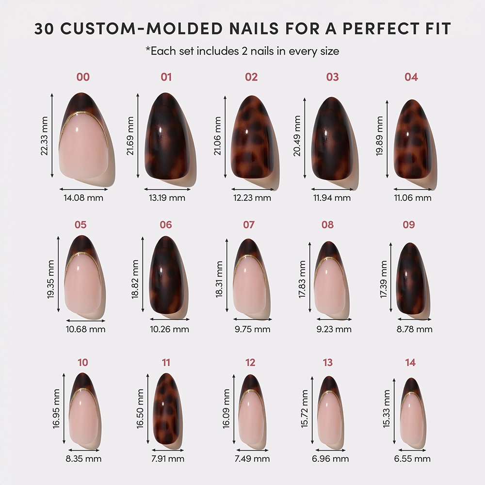 A layout of all 15 sizes of the Glamnetic x Glamzilla press-on nails shown with their measurements in millimeters. Each size appears twice for a total of 30 nails, ensuring a perfect fit for all nail sizes. - Product image