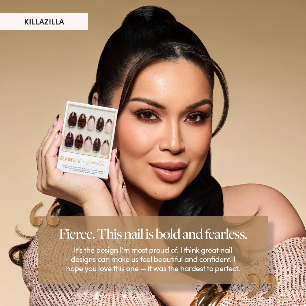 Beauty influencer Glamzilla poses with the Glamnetic nail set beside her face. A quote overlay reads, “Fierce. This nail is bold and fearless,” highlighting her pride in the design, described as her most challenging and empowering creation - Product image