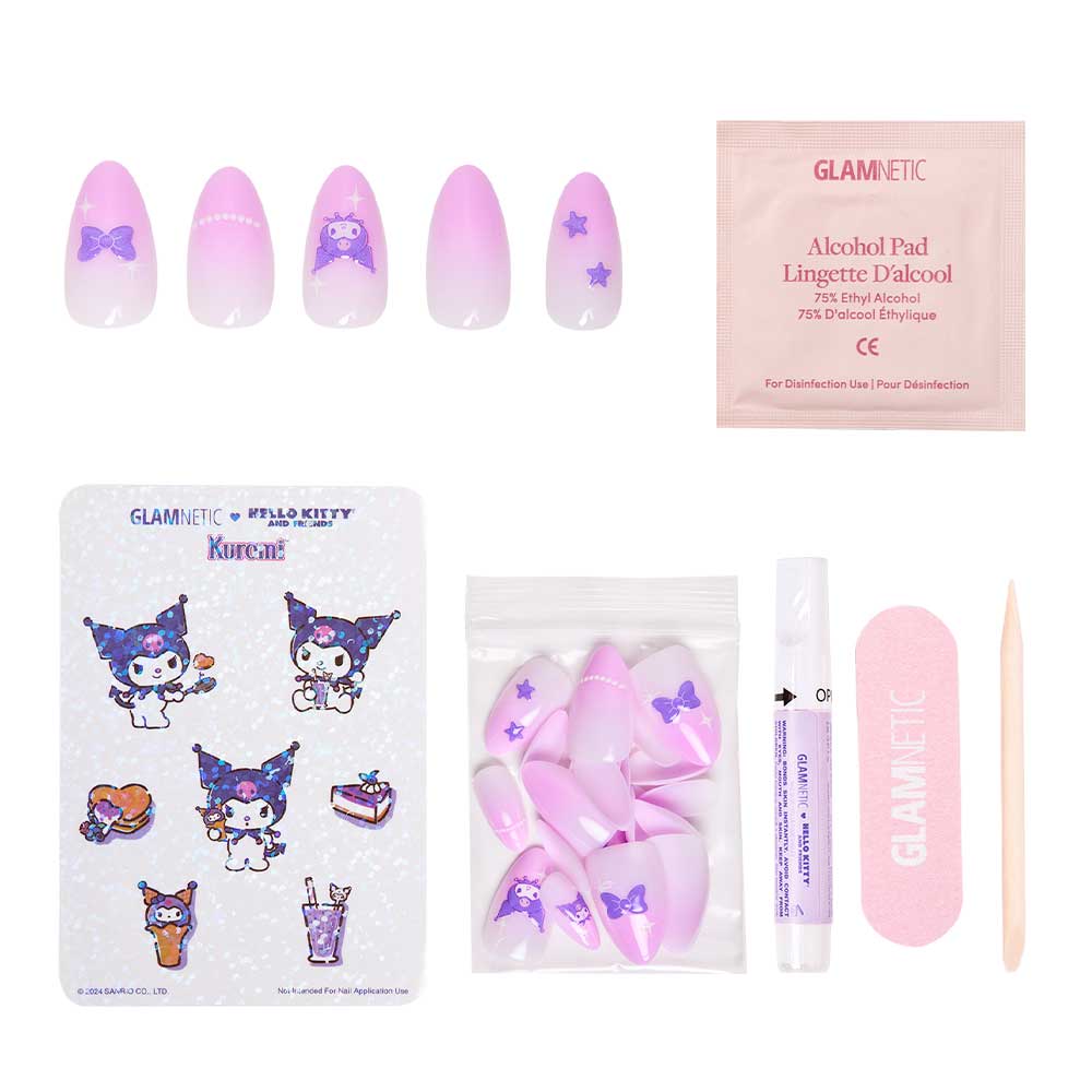 A black and purple Kuromi™ nail kit by glamnetic with 3D design accents, featuring press-on nails, a character sticker sheet, alcohol pad, nail glue, nail file, and wooden cuticle stick—vegan & cruelty-free on a white background. - Product image
